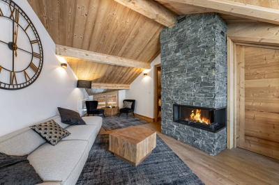 Chalet with a fireplace