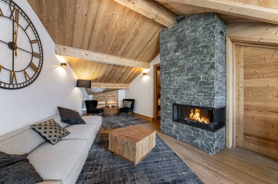 Chalet with a fireplace